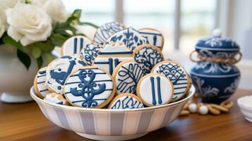 náutico tema con azul y blanco decoración, ancla, y velero galletas foto