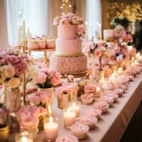 Cozy pink and gold setup with floral accents and desserts photo