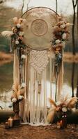 Gender-neutral boho chic setup with macrame and floral arrangements photo