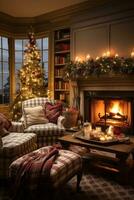 Cozy living room with Christmas tree, stockings, and fire crackling photo