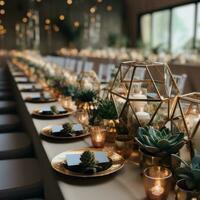 Modern geometric setup with gold accents and succulent favors photo