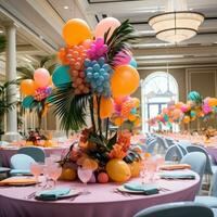 Vibrant tropical theme with colorful decorations and fruit displays photo