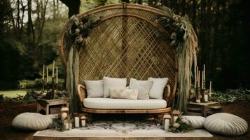 Gender-neutral boho chic setup with macrame and floral arrangements photo