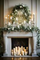 White and silver mantle display with candles and greenery photo