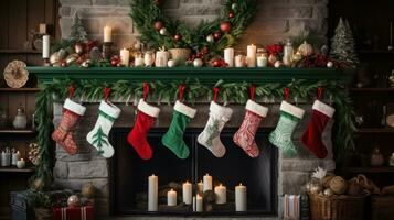 Bold and bright red and green mantle display with stockings and garland photo