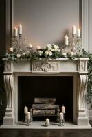 White and silver mantle display with candles and greenery photo