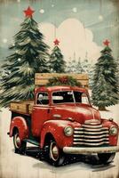 Rustic wooden sign with Merry Christmas and red truck illustration photo