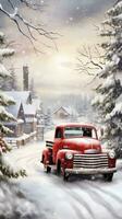Clásico rojo camión con Navidad árbol en Nevado paisaje foto