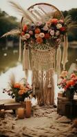 Gender-neutral boho chic setup with macrame and floral arrangements photo