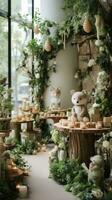 Whimsical woodland theme with animal decor and greenery garland photo