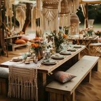 Gender-neutral boho chic setup with macrame and floral arrangements photo