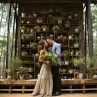 Rustic outdoor celebration with wooden accents and greenery backdrop photo