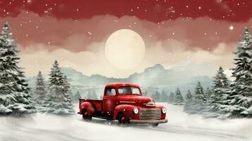 Vintage red truck with Christmas tree in snowy landscape photo