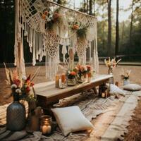 Gender-neutral boho chic setup with macrame and floral arrangements photo