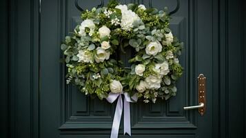 sencillo aún clásico blanco y verde guirnalda en de madera puerta foto