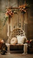 Gender-neutral boho chic setup with macrame and floral arrangements photo