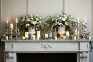 White and silver mantle display with candles and greenery photo
