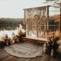 Gender-neutral boho chic setup with macrame and floral arrangements photo