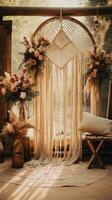 Gender-neutral boho chic setup with macrame and floral arrangements photo