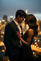 Couple embracing in front of a beautiful city skyline photo