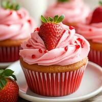 Strawberry cupcakes with strawberry cream cheese frosting and fresh strawberries on top photo