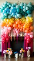 Vibrant rainbow balloon backdrop with tassels photo