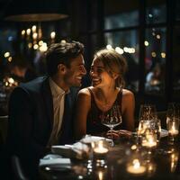 Pareja disfrutando un alumbrado por velas cena a un lujoso restaurante foto