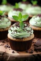 Mint chocolate chip cupcakes with mint frosting and chocolate shavings photo