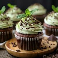 Mint chocolate chip cupcakes with mint frosting and chocolate shavings photo