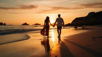 Couple walking hand-in-hand on a beach at sunset photo