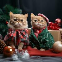 Adorable pets in festive outfits with Christmas presents photo