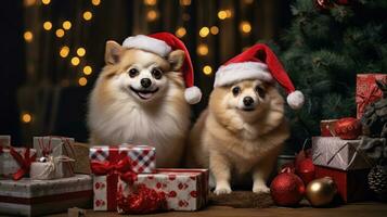 Adorable pets in festive outfits with Christmas presents photo