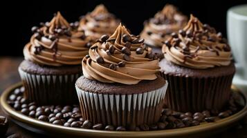 Mocha cupcakes with chocolate ganache and chocolate-covered coffee beans photo