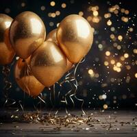 Birthday celebration with gold balloons and glitter photo