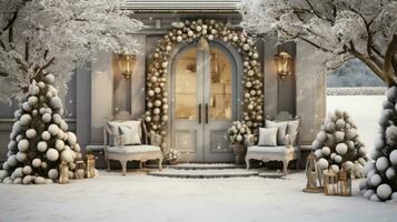 Festive outdoor decorations with snowy trees and a wreath photo
