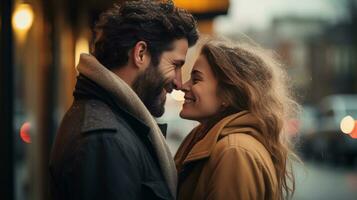 Woman receives a kiss on the forehead from her partner. photo