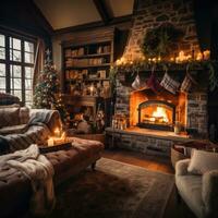 Cozy living room with Christmas tree, stockings, and fire crackling. photo