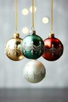 Close-up of Christmas tree ornaments on a white background. photo