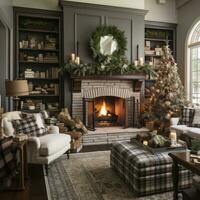 Cozy living room with Christmas tree, stockings, and fire crackling. photo