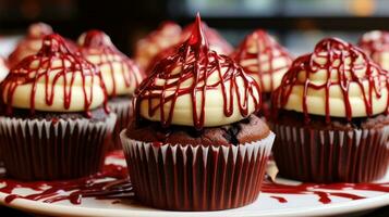 Red velvet cupcakes with cream cheese frosting and chocolate drizzle photo