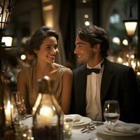 Pareja disfrutando un alumbrado por velas cena a un lujoso restaurante foto