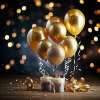 Birthday celebration with gold balloons and glitter photo