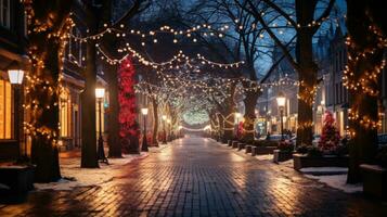 Colorful Christmas lights and decorations on a city street photo