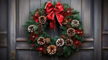 Festive wreath with red bow and pinecones on wooden door. photo