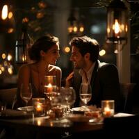 Couple enjoying a candlelit dinner at a fancy restaurant photo