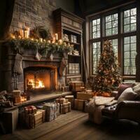 Cozy living room with Christmas tree, stockings, and fire crackling. photo