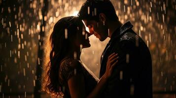 Couple sharing a moment under an umbrella in the rain photo