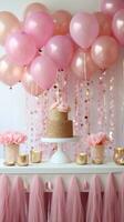 Cozy pink and gold setup with floral accents and desserts photo