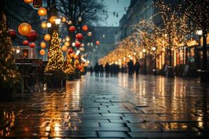 Colorful Christmas lights and decorations on a city street photo