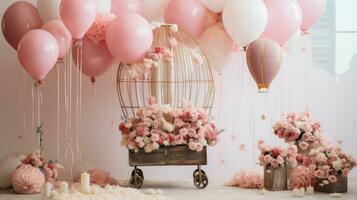 Whimsical hot air balloon centerpiece with flowers and ribbons photo